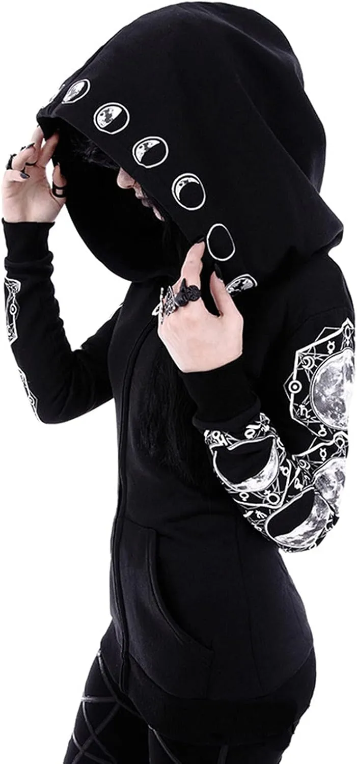 Xiaojmake Women Punk Gothic Sweatshirt Witchcraft Moon Long Hoodie Jacket Oversized Long Sleeve Zip Up Halloween Hooded Coats