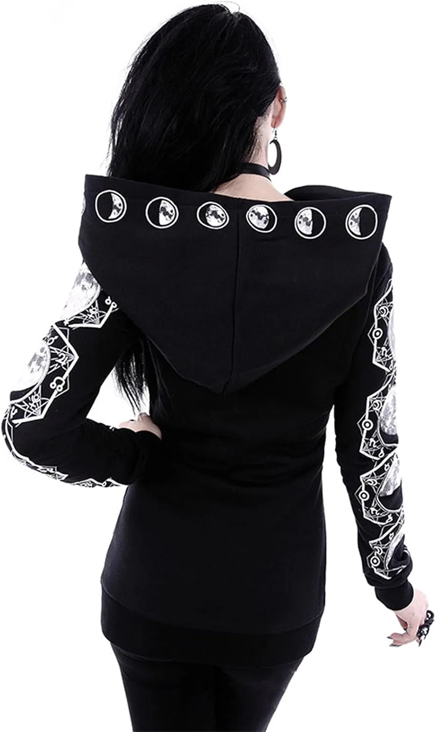 Xiaojmake Women Punk Gothic Sweatshirt Witchcraft Moon Long Hoodie Jacket Oversized Long Sleeve Zip Up Halloween Hooded Coats