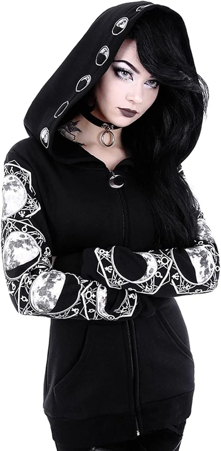 Xiaojmake Women Punk Gothic Sweatshirt Witchcraft Moon Long Hoodie Jacket Oversized Long Sleeve Zip Up Halloween Hooded Coats