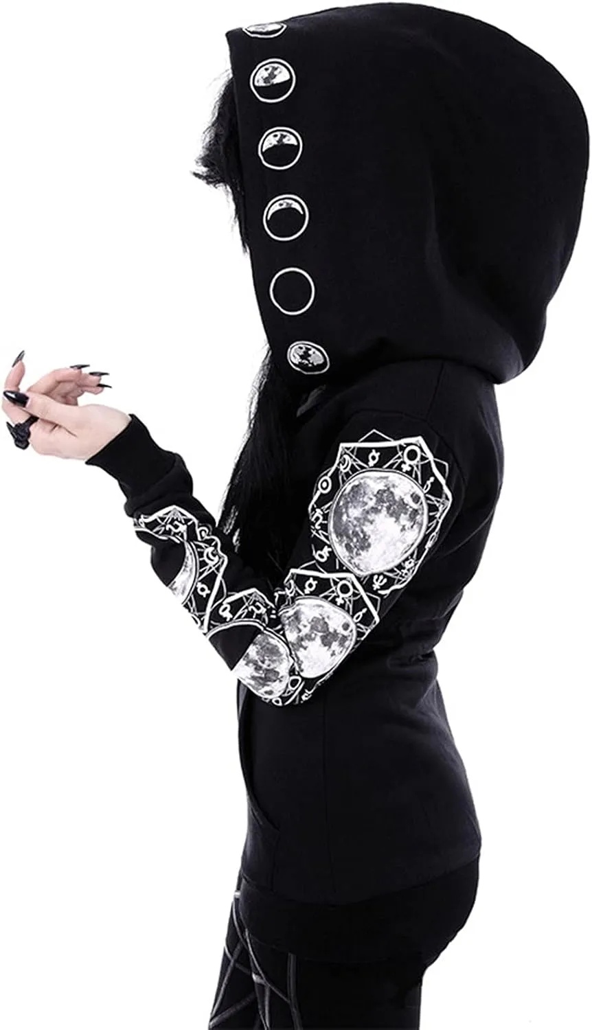 Xiaojmake Women Punk Gothic Sweatshirt Witchcraft Moon Long Hoodie Jacket Oversized Long Sleeve Zip Up Halloween Hooded Coats