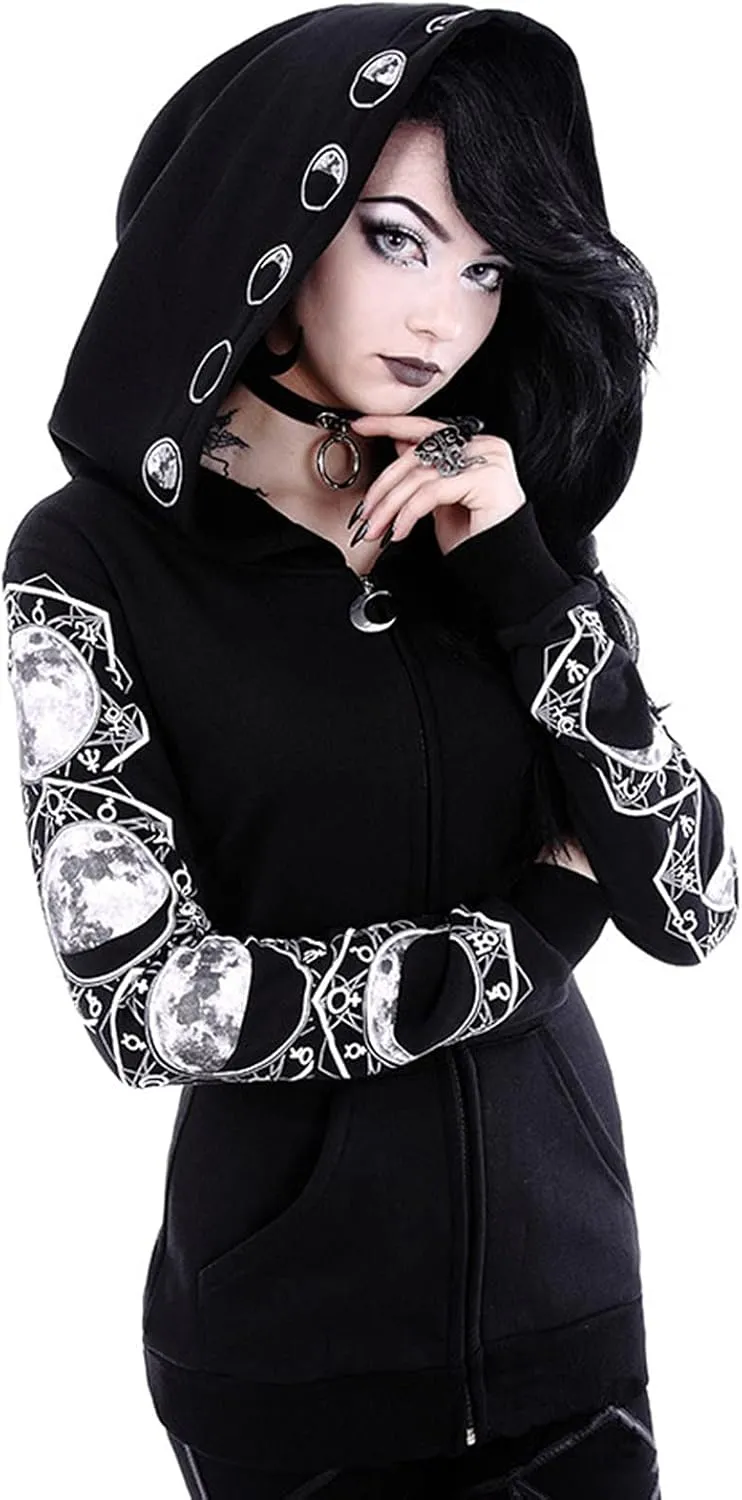Xiaojmake Women Punk Gothic Sweatshirt Witchcraft Moon Long Hoodie Jacket Oversized Long Sleeve Zip Up Halloween Hooded Coats