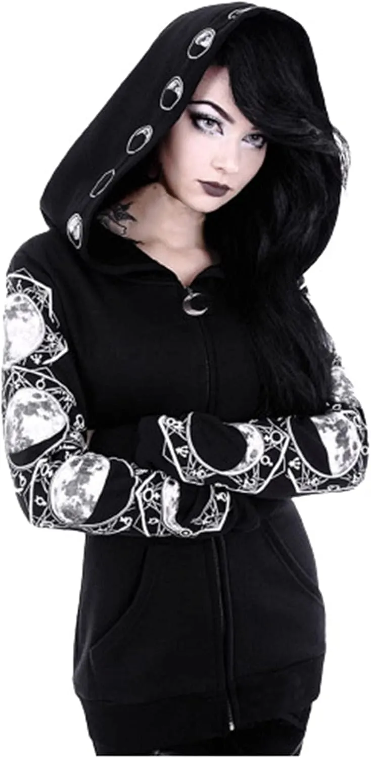 Xiaojmake Women Punk Gothic Sweatshirt Witchcraft Moon Long Hoodie Jacket Oversized Long Sleeve Zip Up Halloween Hooded Coats