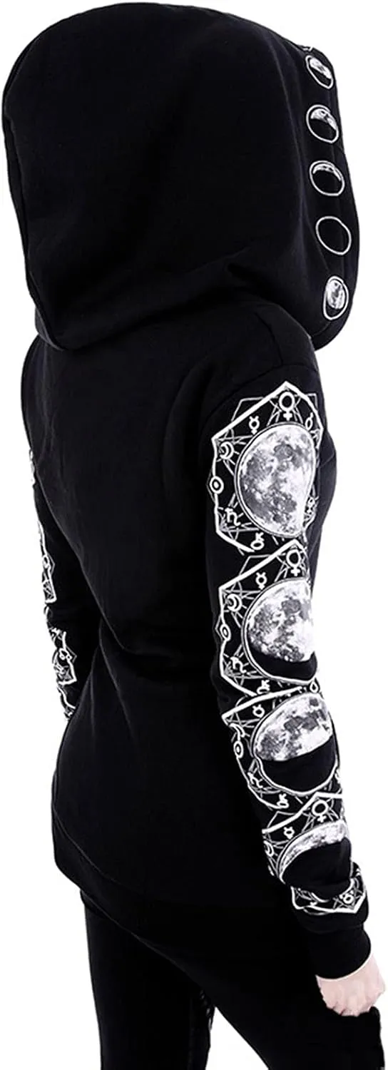 Xiaojmake Women Punk Gothic Sweatshirt Witchcraft Moon Long Hoodie Jacket Oversized Long Sleeve Zip Up Halloween Hooded Coats