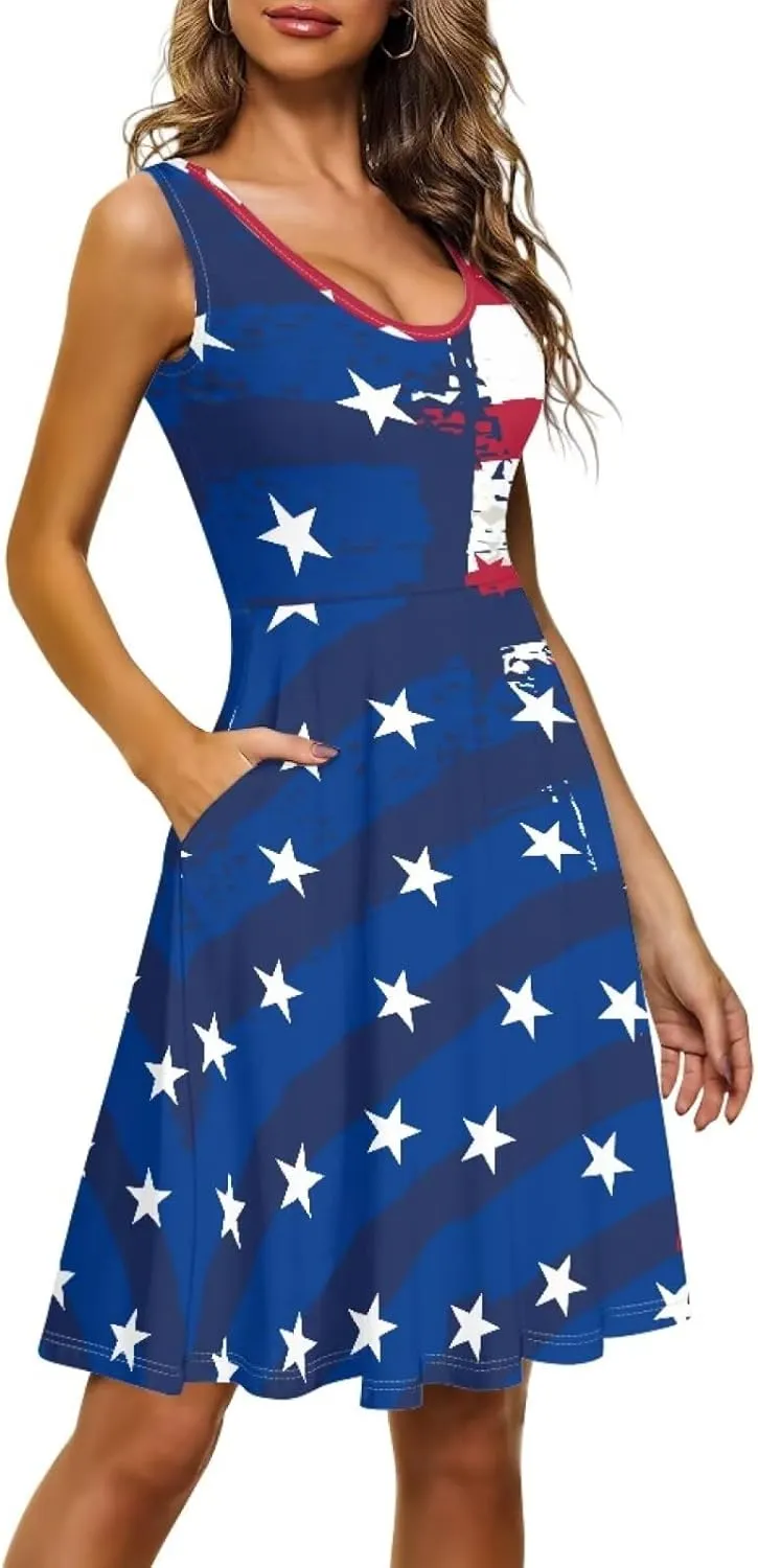 XS-4XL Dresses for Women Sleeveless Party Cocktail Swing Tank Sundress with Pocket