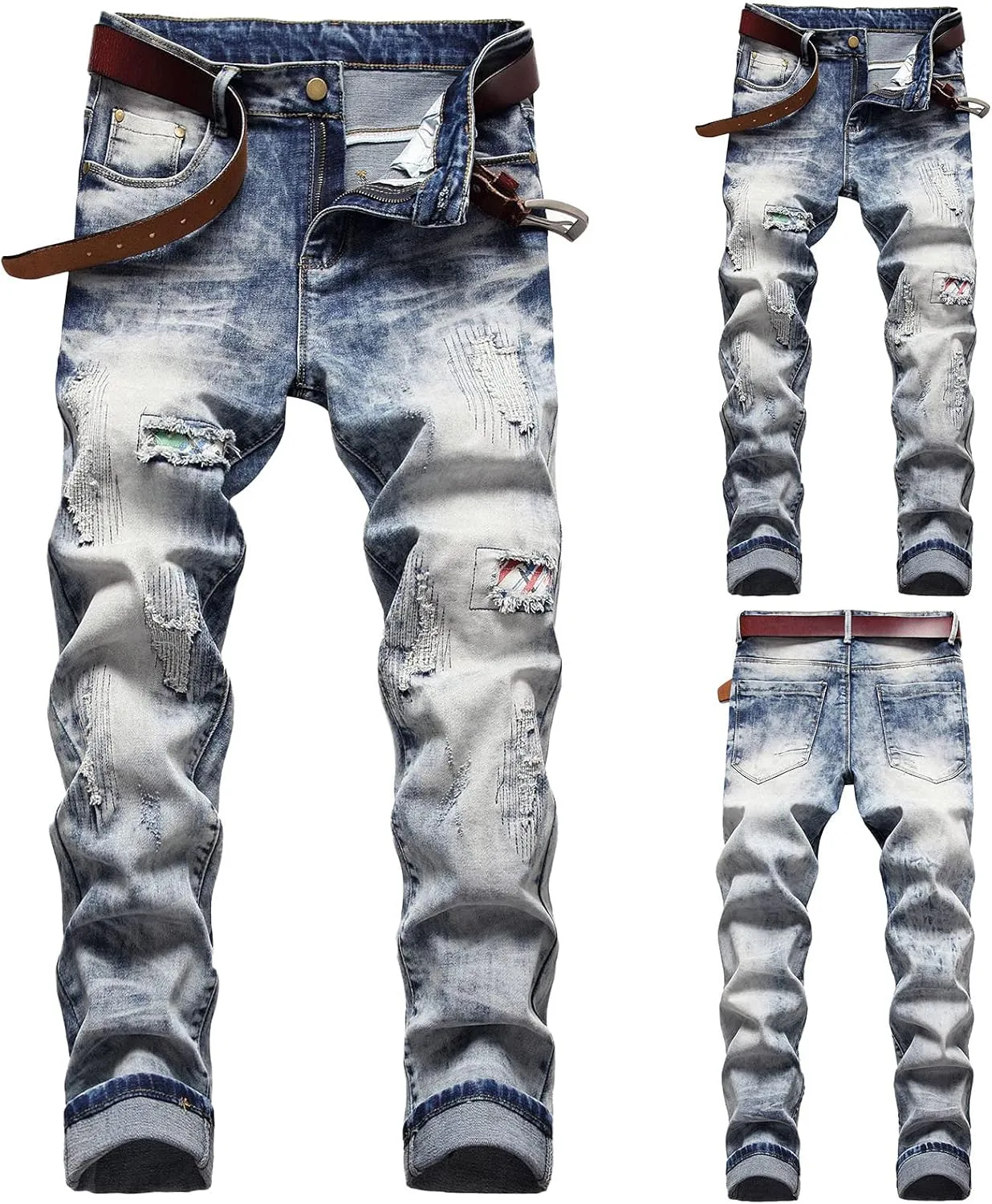 XUETON Mens Denim Pants Skinny Slim Fashion Streetwear Destroyed Distressed Straight Hip Hop Biker Stretchy Jeans