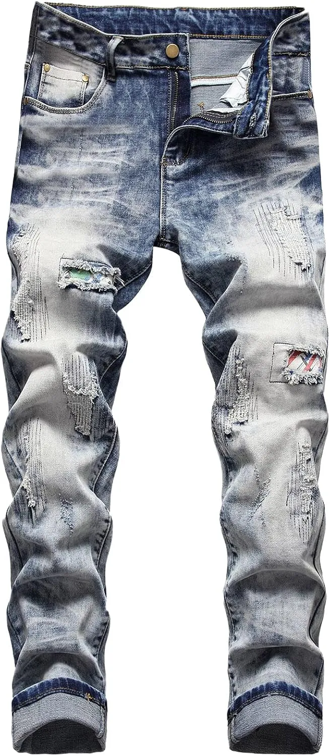 XUETON Mens Denim Pants Skinny Slim Fashion Streetwear Destroyed Distressed Straight Hip Hop Biker Stretchy Jeans