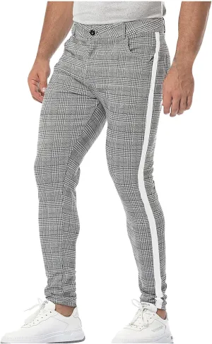 Ymosrh Chino Pants Men Straight Casual Stretch Flat-Front Expandable Waist Checkered Dress Pants Stretch Khaki
