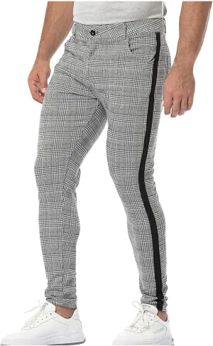 Ymosrh Chino Pants Men Straight Casual Stretch Flat-Front Expandable Waist Checkered Dress Pants Stretch Khaki