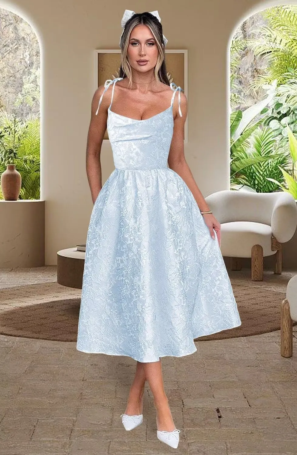 YMSHA Spaghetti Straps Jacquard Tulle Homecoming Dresses with Pockets A Line Midi Cocktail Pary Dress YMS387