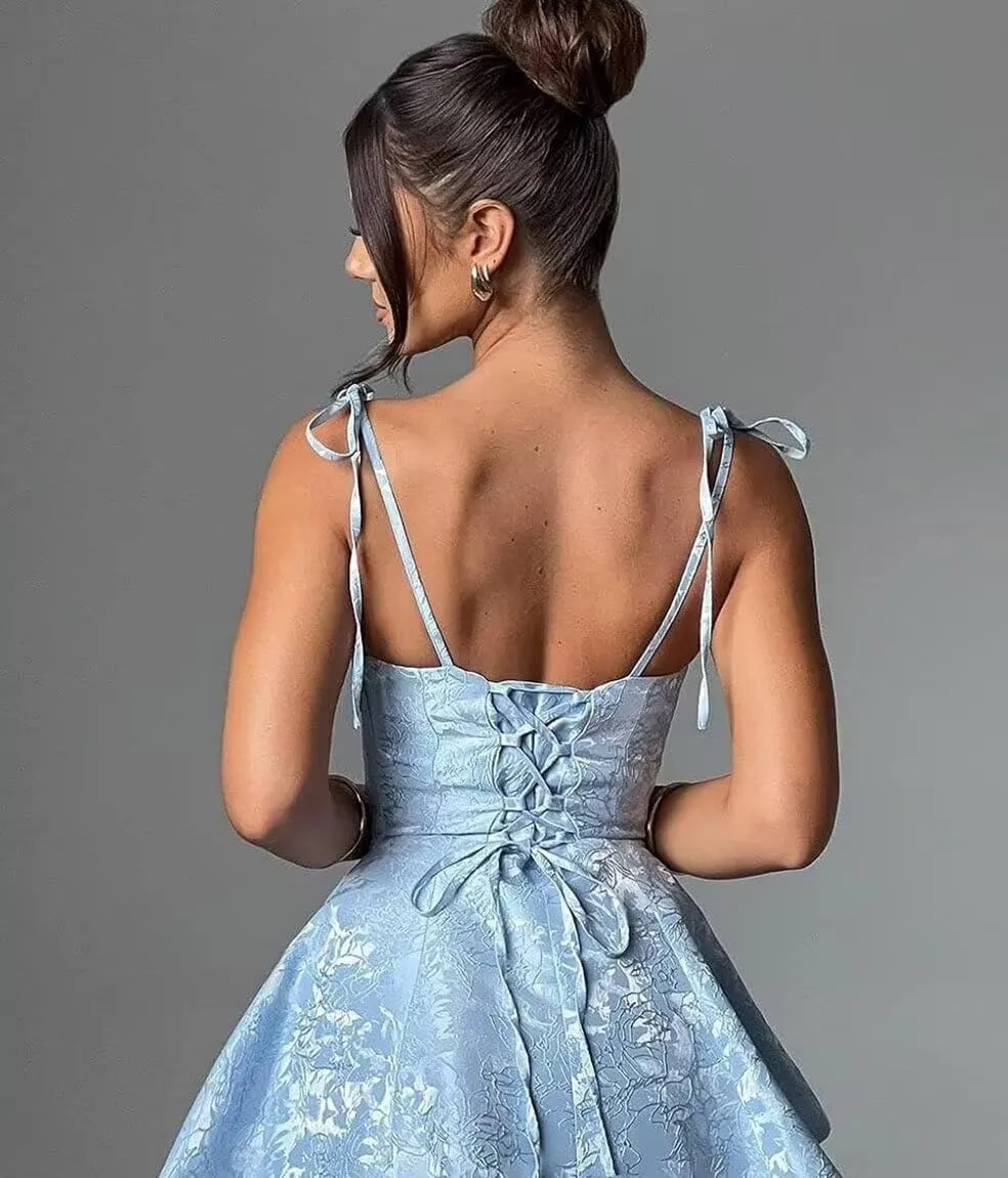 YMSHA Spaghetti Straps Jacquard Tulle Homecoming Dresses with Pockets A Line Midi Cocktail Pary Dress YMS387