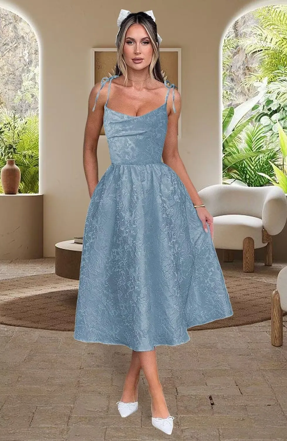 YMSHA Spaghetti Straps Jacquard Tulle Homecoming Dresses with Pockets A Line Midi Cocktail Pary Dress YMS387