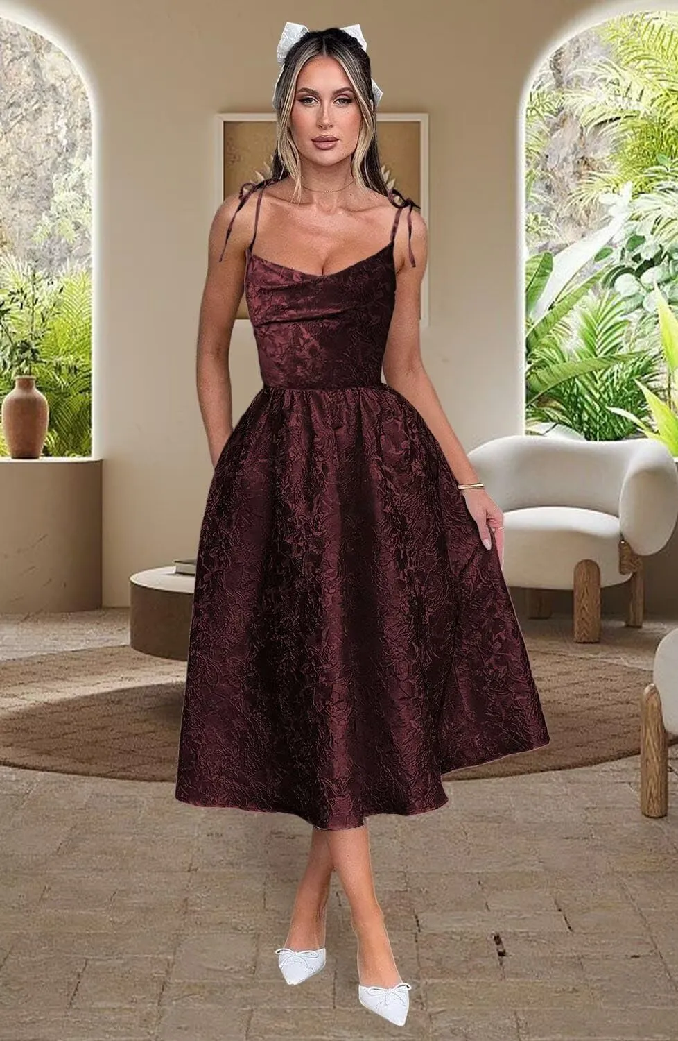 YMSHA Spaghetti Straps Jacquard Tulle Homecoming Dresses with Pockets A Line Midi Cocktail Pary Dress YMS387