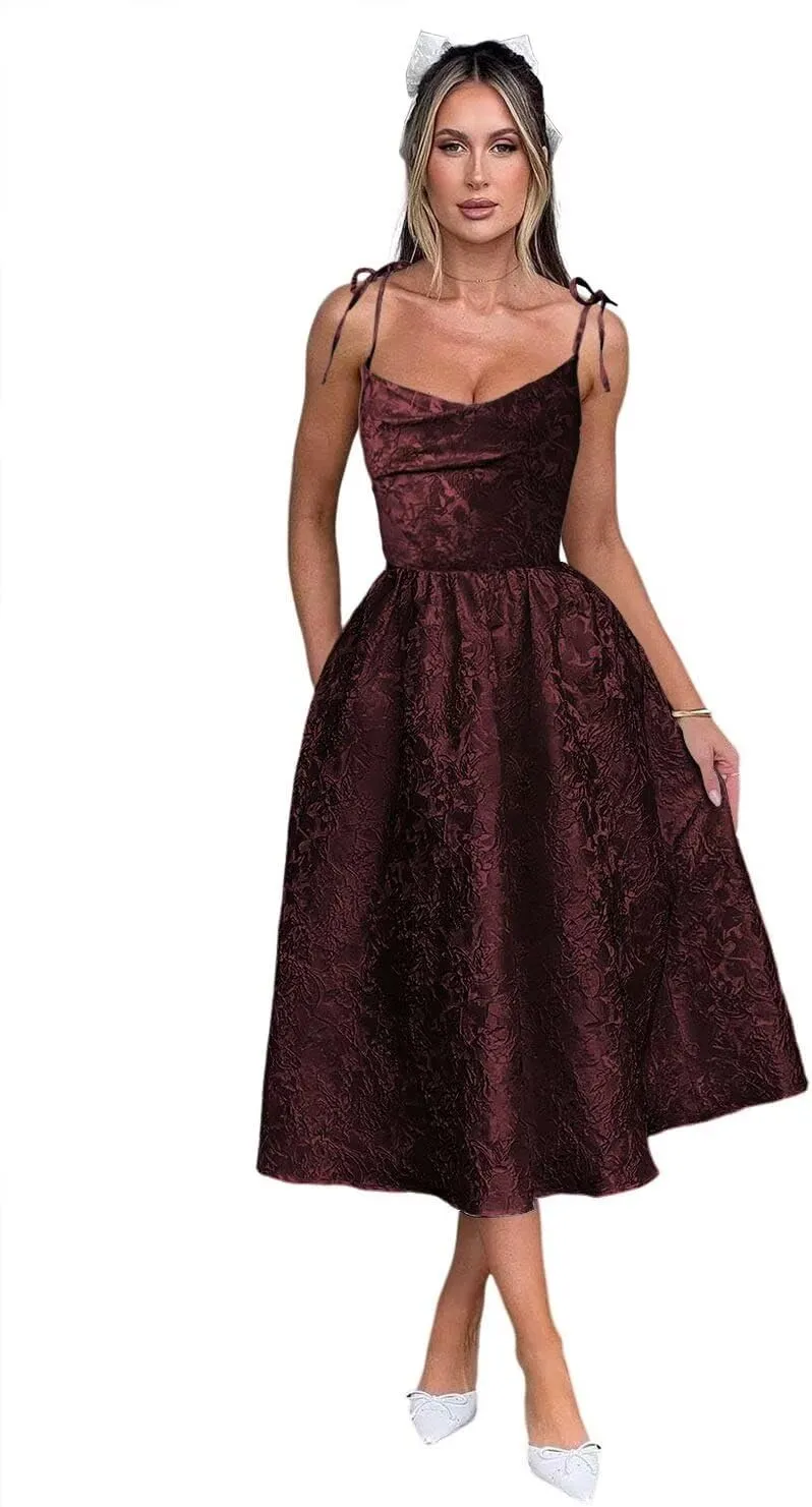 YMSHA Spaghetti Straps Jacquard Tulle Homecoming Dresses with Pockets A Line Midi Cocktail Pary Dress YMS387
