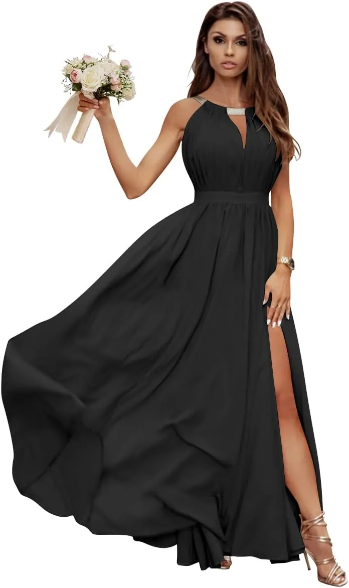 YMSHA Women's Halter Bridesmaid Dresses with Slit Long Chiffon Pleated Formal Dress YMS160