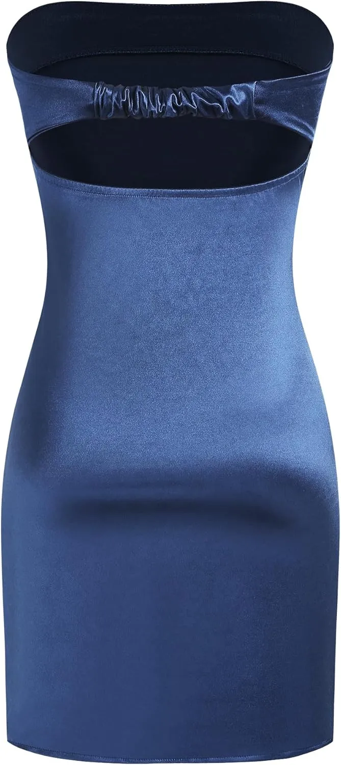 ZAFUL Women Tube Satin Mini Dress Bodycon Backless Silk Wedding Guest Cocktail Dresses