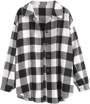 ZAFUL Women's Plaid Long Sleeve Shirt Button Down Thin Jacket Casual Flannel Plaid Shacket with Pocket