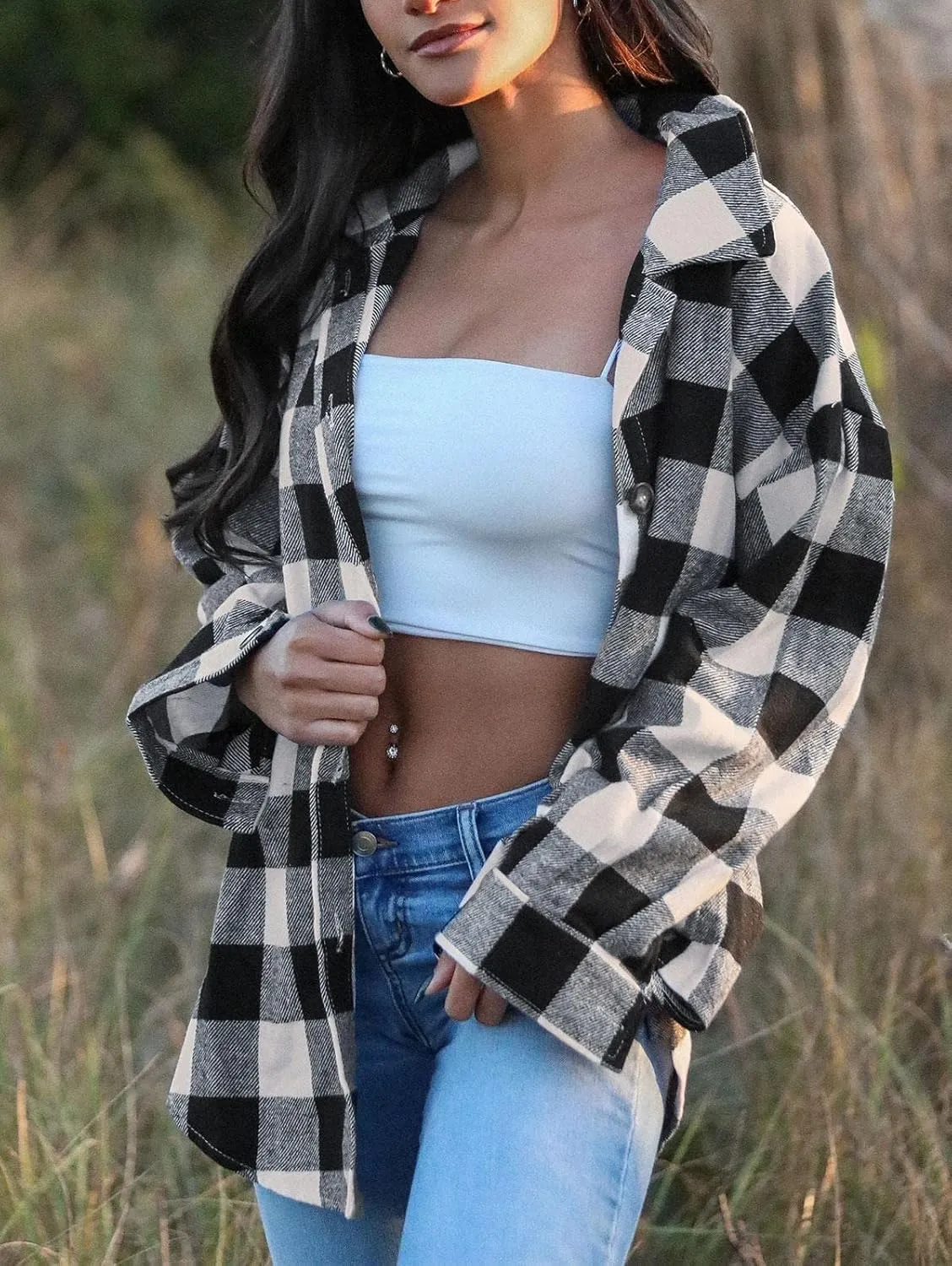ZAFUL Women's Plaid Long Sleeve Shirt Button Down Thin Jacket Casual Flannel Plaid Shacket with Pocket