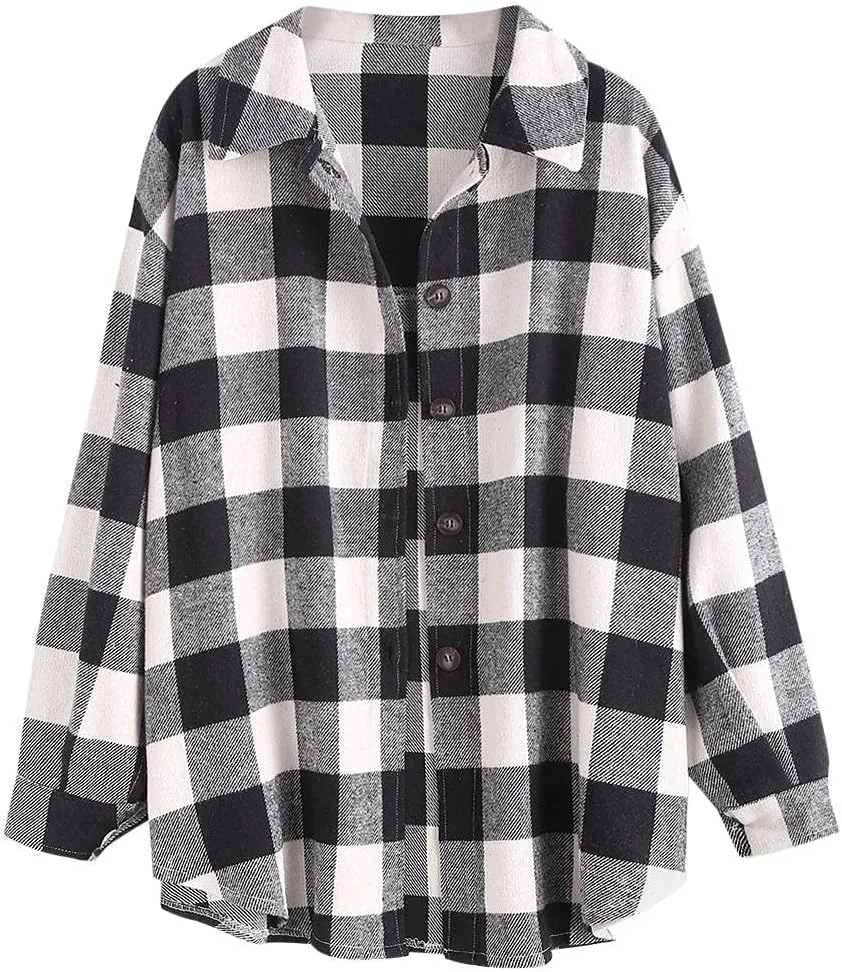 ZAFUL Women's Plaid Long Sleeve Shirt Button Down Thin Jacket Casual Flannel Plaid Shacket with Pocket