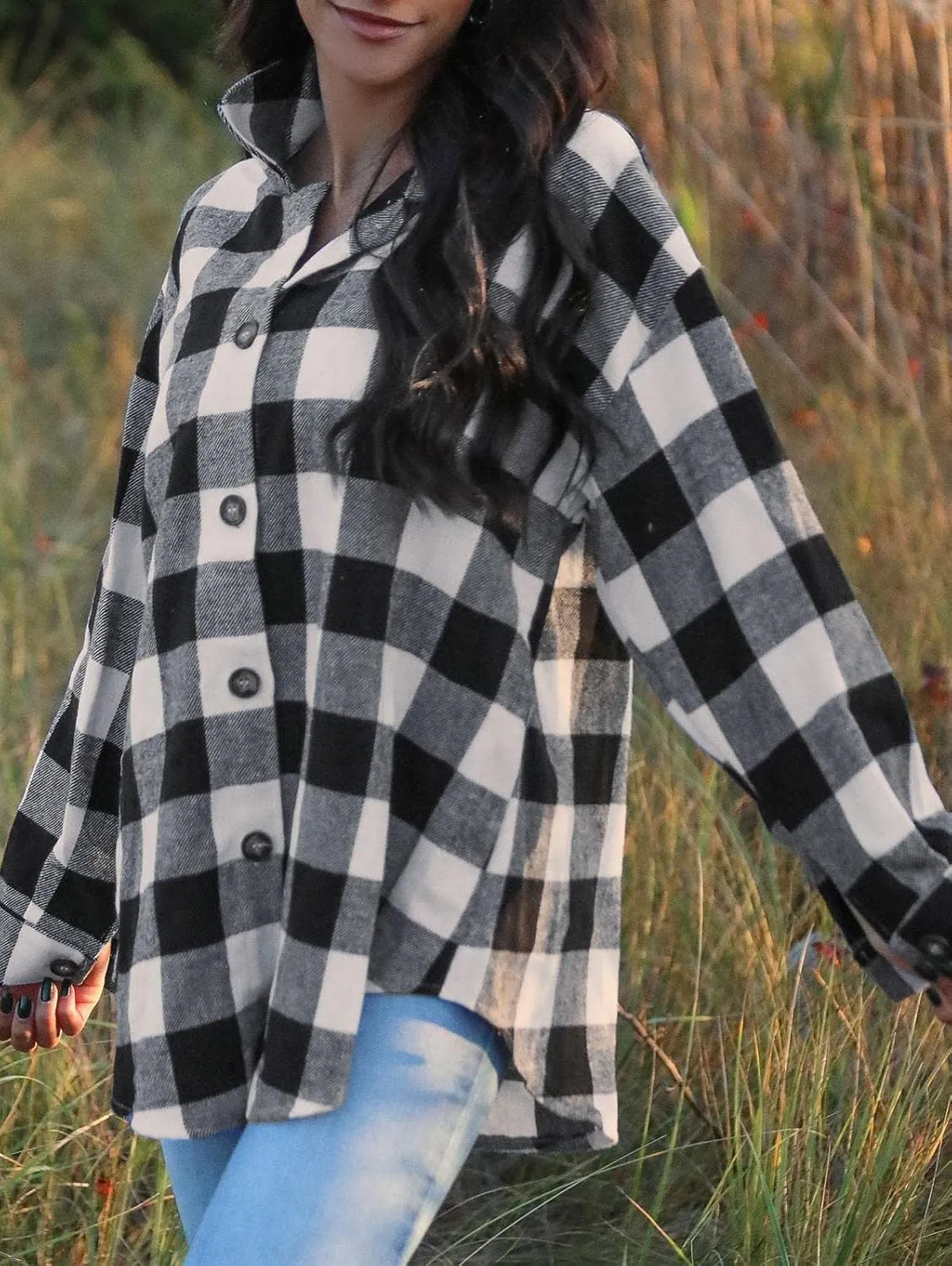 ZAFUL Women's Plaid Long Sleeve Shirt Button Down Thin Jacket Casual Flannel Plaid Shacket with Pocket