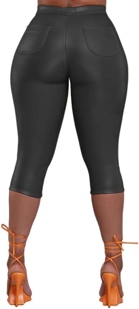 Zebaexf Leather Capri Pants for Women Casual Stretch Black High Waisted Crop Leggings with Pockets Faux PU Leather Pants