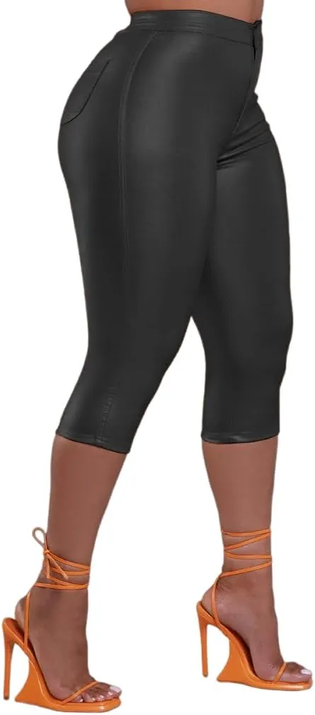 Zebaexf Leather Capri Pants for Women Casual Stretch Black High Waisted Crop Leggings with Pockets Faux PU Leather Pants