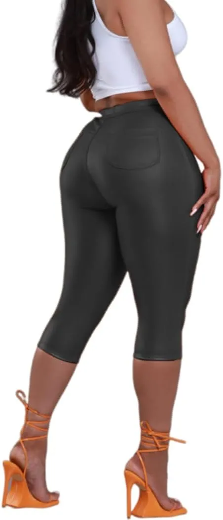 Zebaexf Leather Capri Pants for Women Casual Stretch Black High Waisted Crop Leggings with Pockets Faux PU Leather Pants
