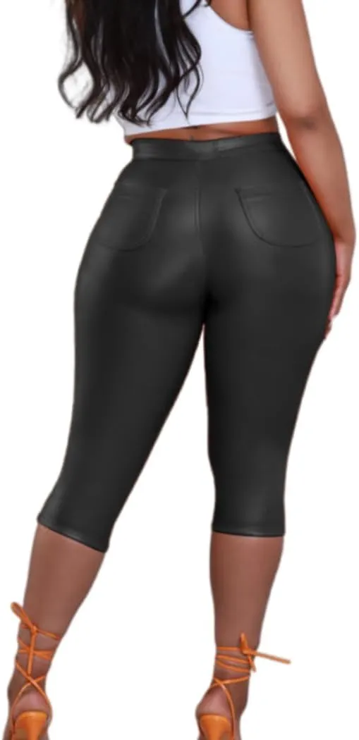 Zebaexf Leather Capri Pants for Women Casual Stretch Black High Waisted Crop Leggings with Pockets Faux PU Leather Pants