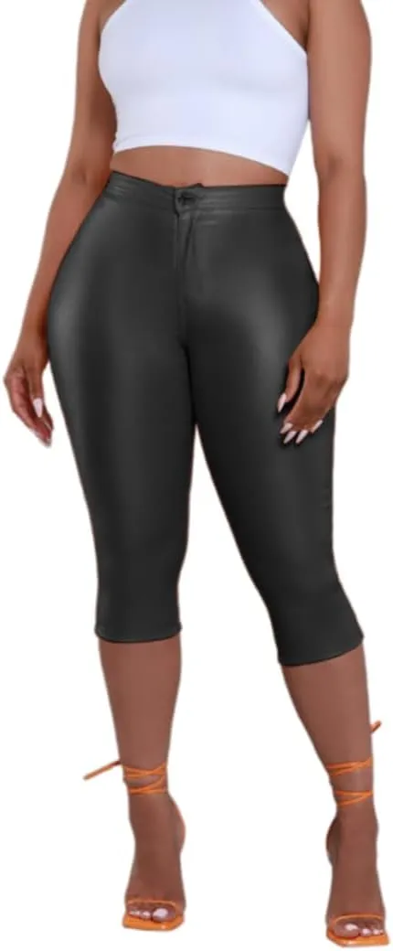 Zebaexf Leather Capri Pants for Women Casual Stretch Black High Waisted Crop Leggings with Pockets Faux PU Leather Pants