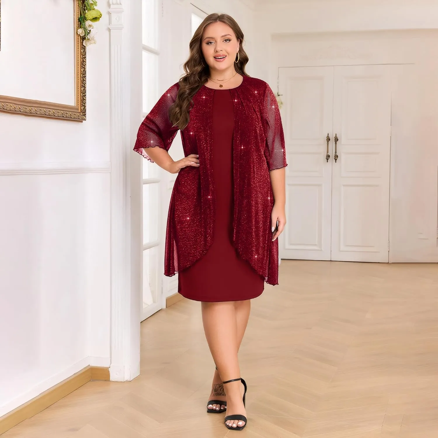 ZNU Plus Size Women Elegant Wedding Guest Mesh Dress Formal Gowns - 2025 Cocktail Party Midi Dress Half Sleeve