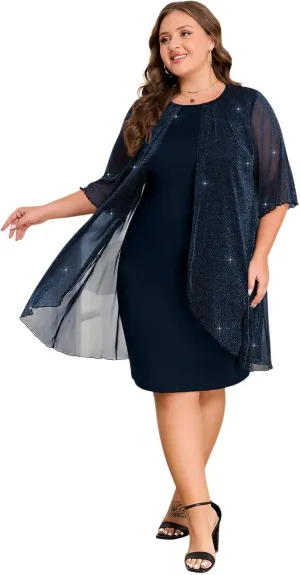 ZNU Plus Size Women Elegant Wedding Guest Mesh Dress Formal Gowns - 2025 Cocktail Party Midi Dress Half Sleeve