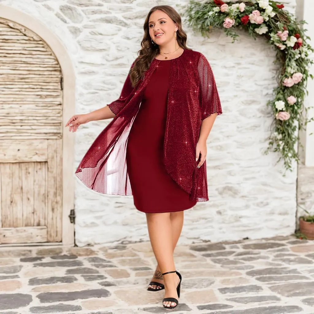 ZNU Plus Size Women Elegant Wedding Guest Mesh Dress Formal Gowns - 2025 Cocktail Party Midi Dress Half Sleeve