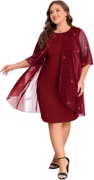 ZNU Plus Size Women Elegant Wedding Guest Mesh Dress Formal Gowns - 2025 Cocktail Party Midi Dress Half Sleeve