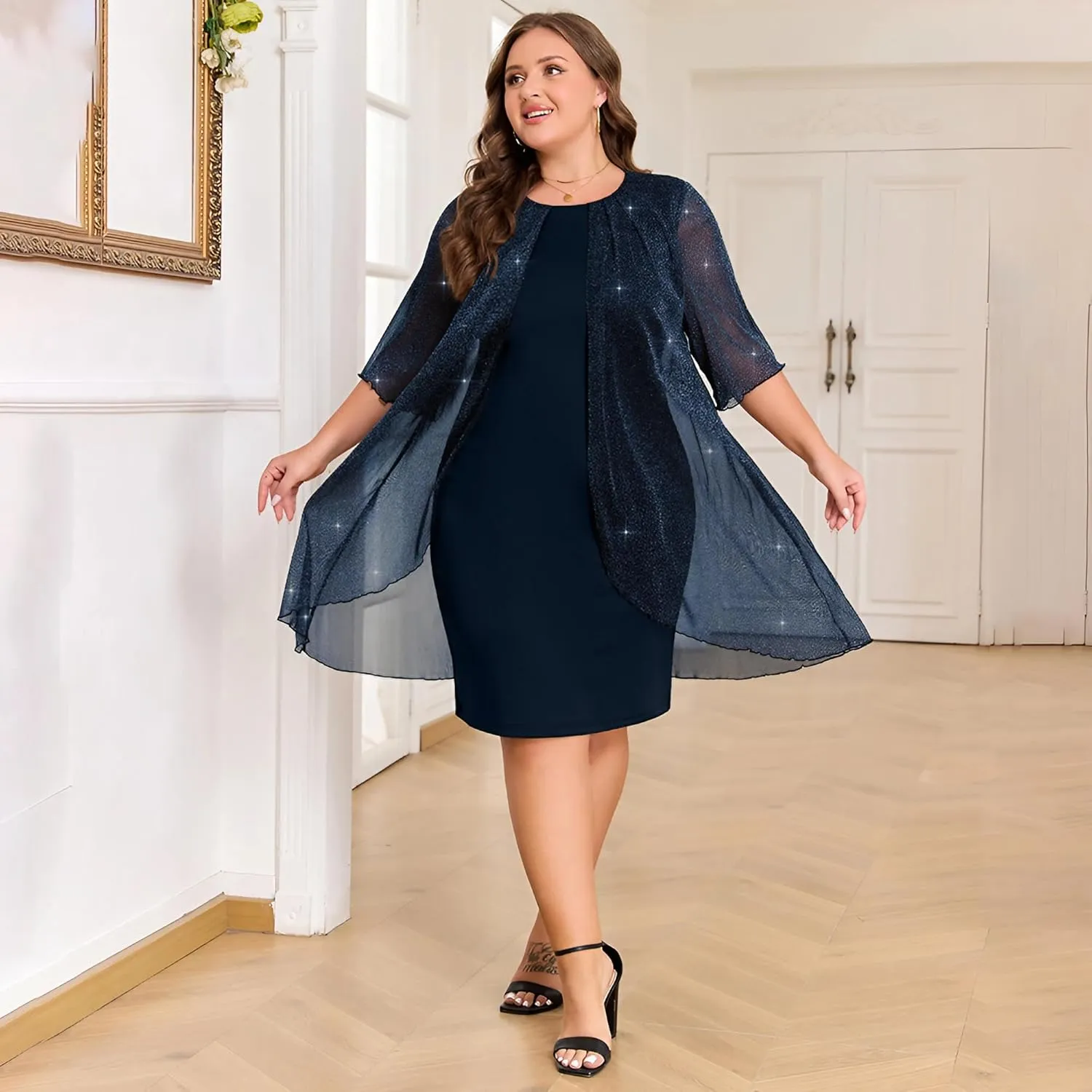 ZNU Plus Size Women Elegant Wedding Guest Mesh Dress Formal Gowns - 2025 Cocktail Party Midi Dress Half Sleeve