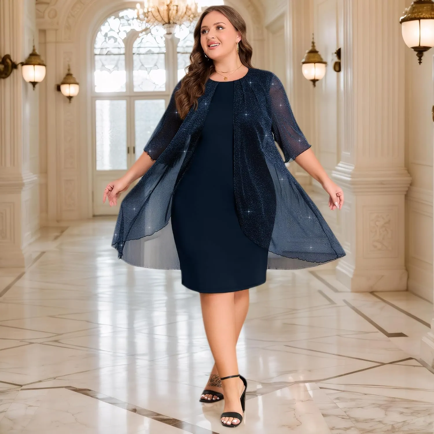 ZNU Plus Size Women Elegant Wedding Guest Mesh Dress Formal Gowns - 2025 Cocktail Party Midi Dress Half Sleeve