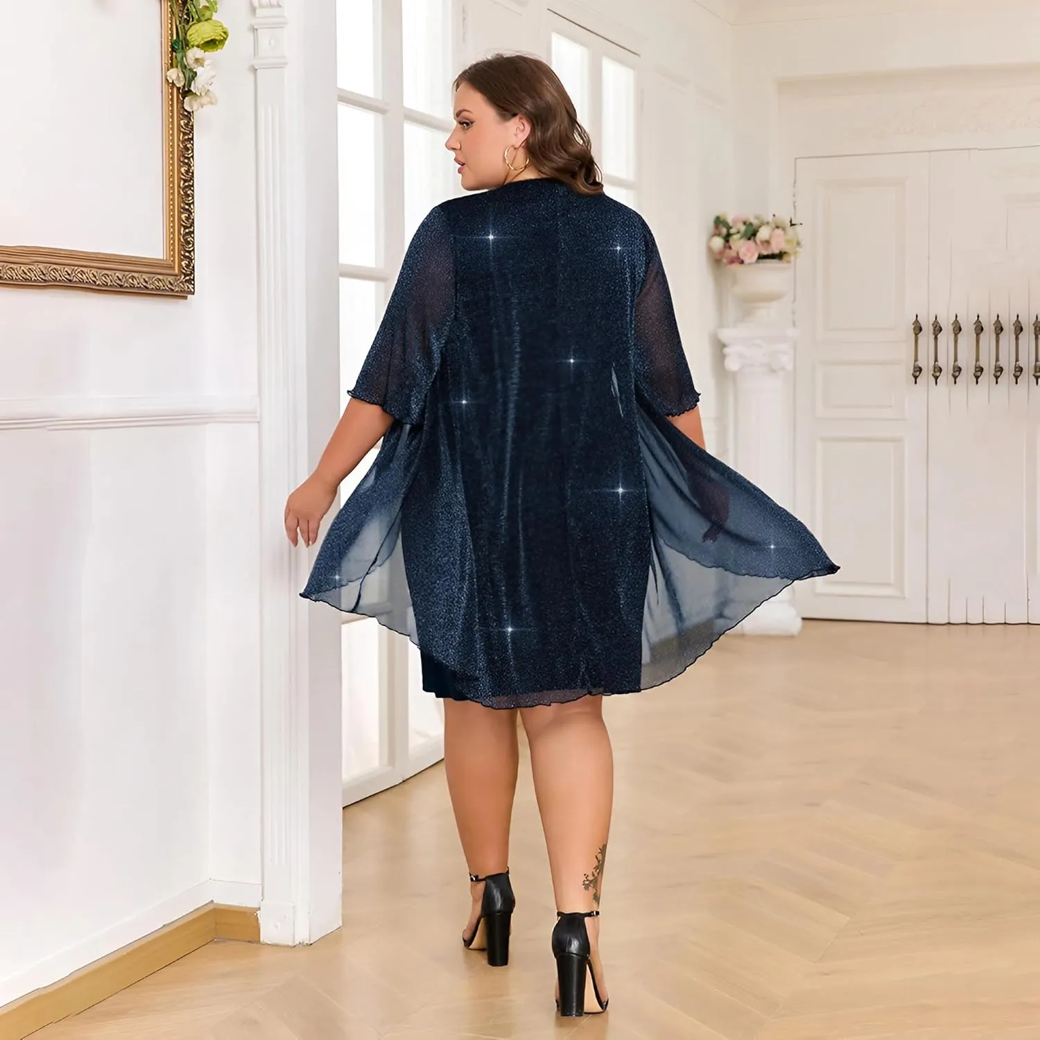 ZNU Plus Size Women Elegant Wedding Guest Mesh Dress Formal Gowns - 2025 Cocktail Party Midi Dress Half Sleeve