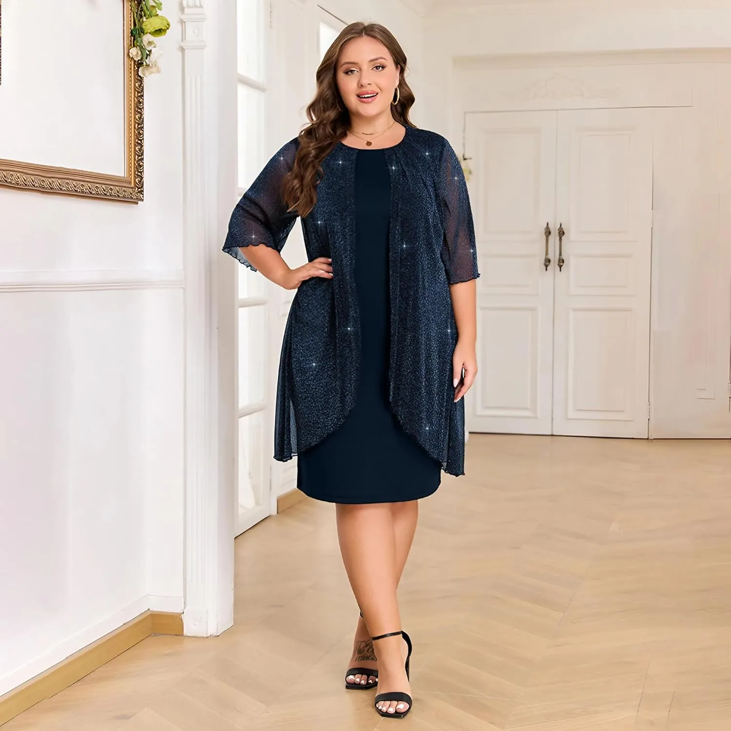 ZNU Plus Size Women Elegant Wedding Guest Mesh Dress Formal Gowns - 2025 Cocktail Party Midi Dress Half Sleeve