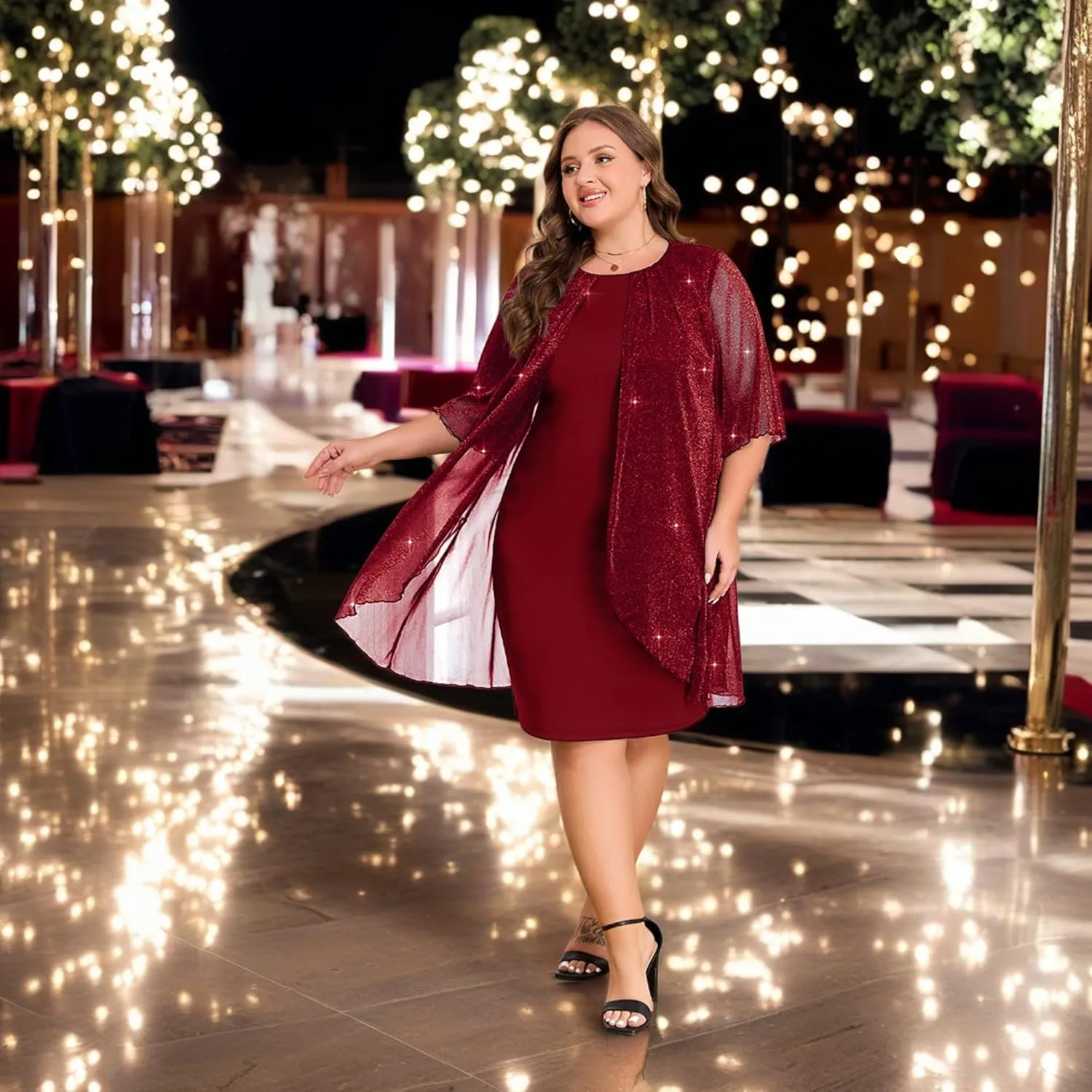 ZNU Plus Size Women Elegant Wedding Guest Mesh Dress Formal Gowns - 2025 Cocktail Party Midi Dress Half Sleeve