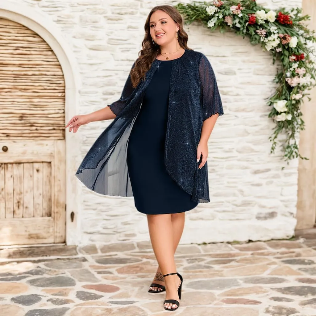 ZNU Plus Size Women Elegant Wedding Guest Mesh Dress Formal Gowns - 2025 Cocktail Party Midi Dress Half Sleeve