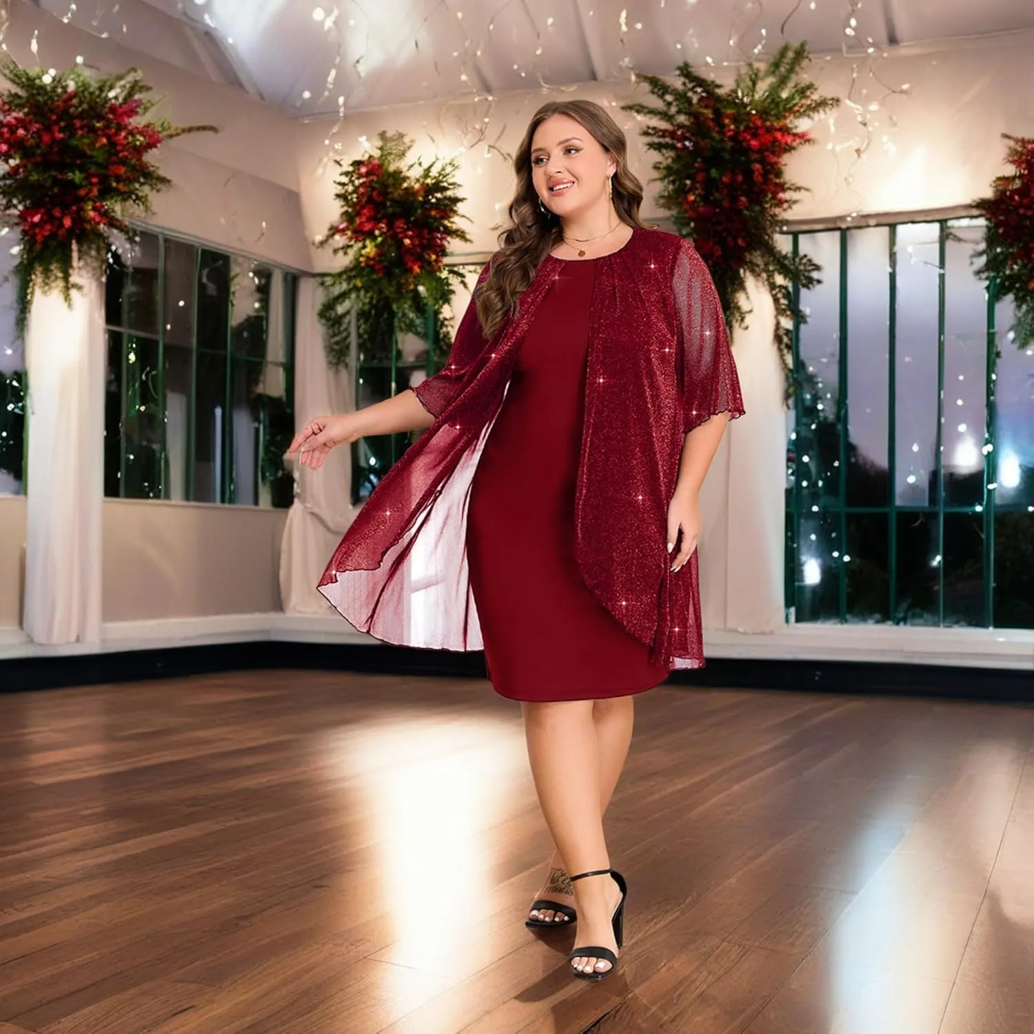 ZNU Plus Size Women Elegant Wedding Guest Mesh Dress Formal Gowns - 2025 Cocktail Party Midi Dress Half Sleeve