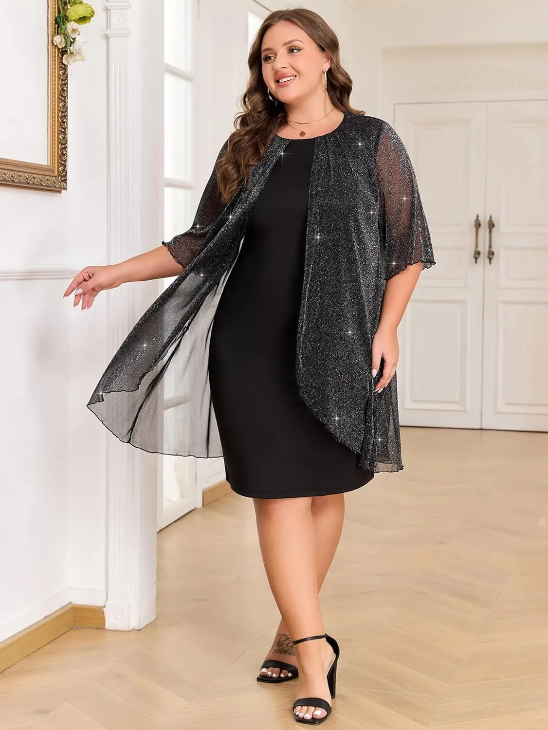 ZNU Plus Size Women Elegant Wedding Guest Mesh Dress Formal Gowns - 2025 Cocktail Party Midi Dress Half Sleeve