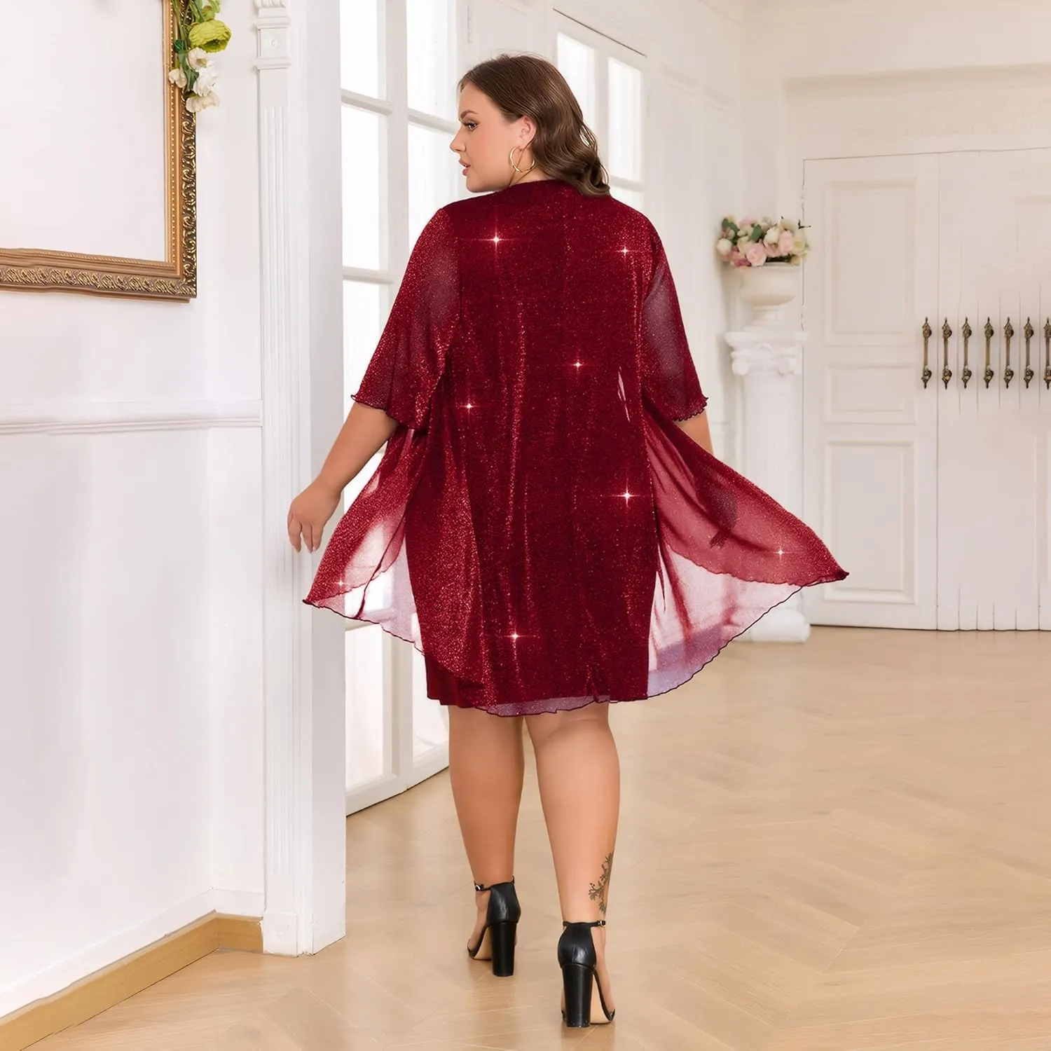 ZNU Plus Size Women Elegant Wedding Guest Mesh Dress Formal Gowns - 2025 Cocktail Party Midi Dress Half Sleeve