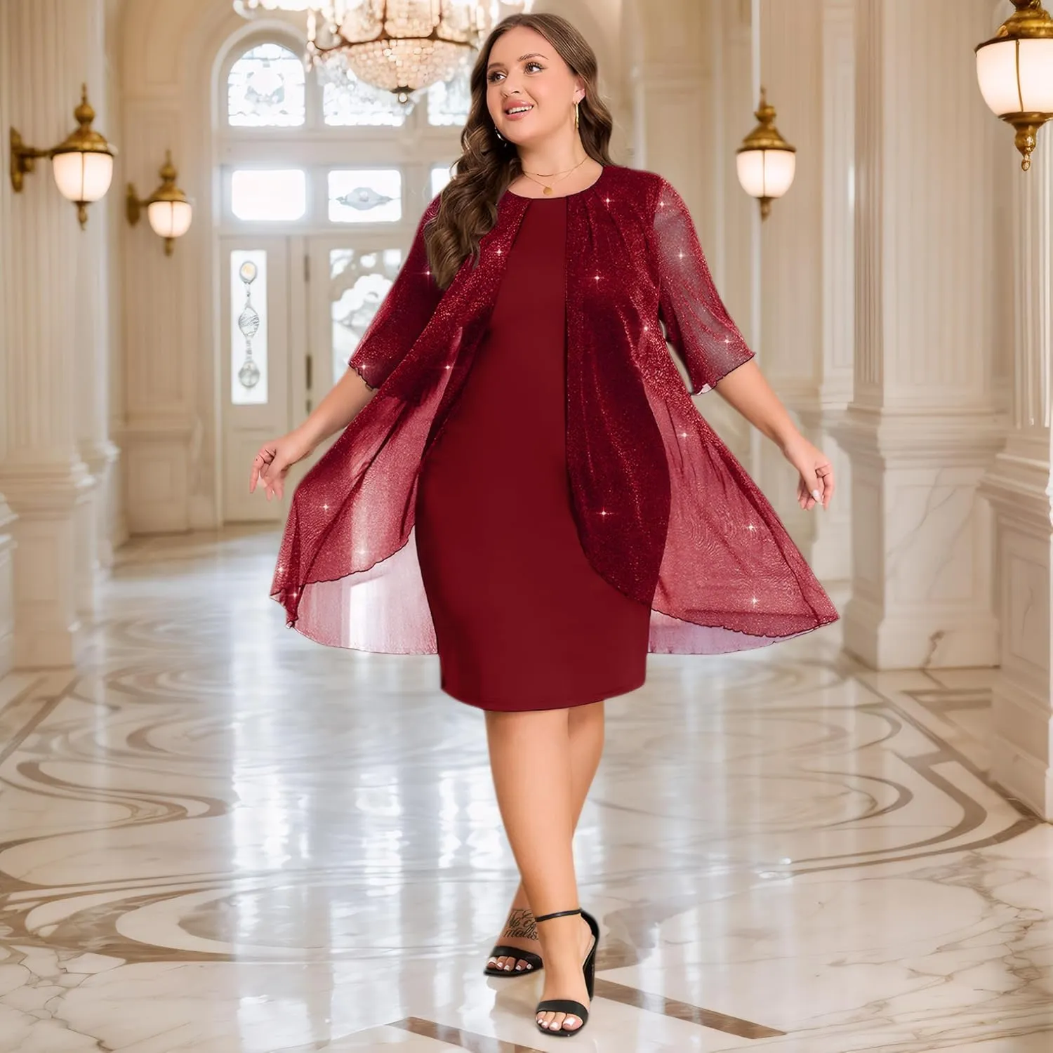 ZNU Plus Size Women Elegant Wedding Guest Mesh Dress Formal Gowns - 2025 Cocktail Party Midi Dress Half Sleeve