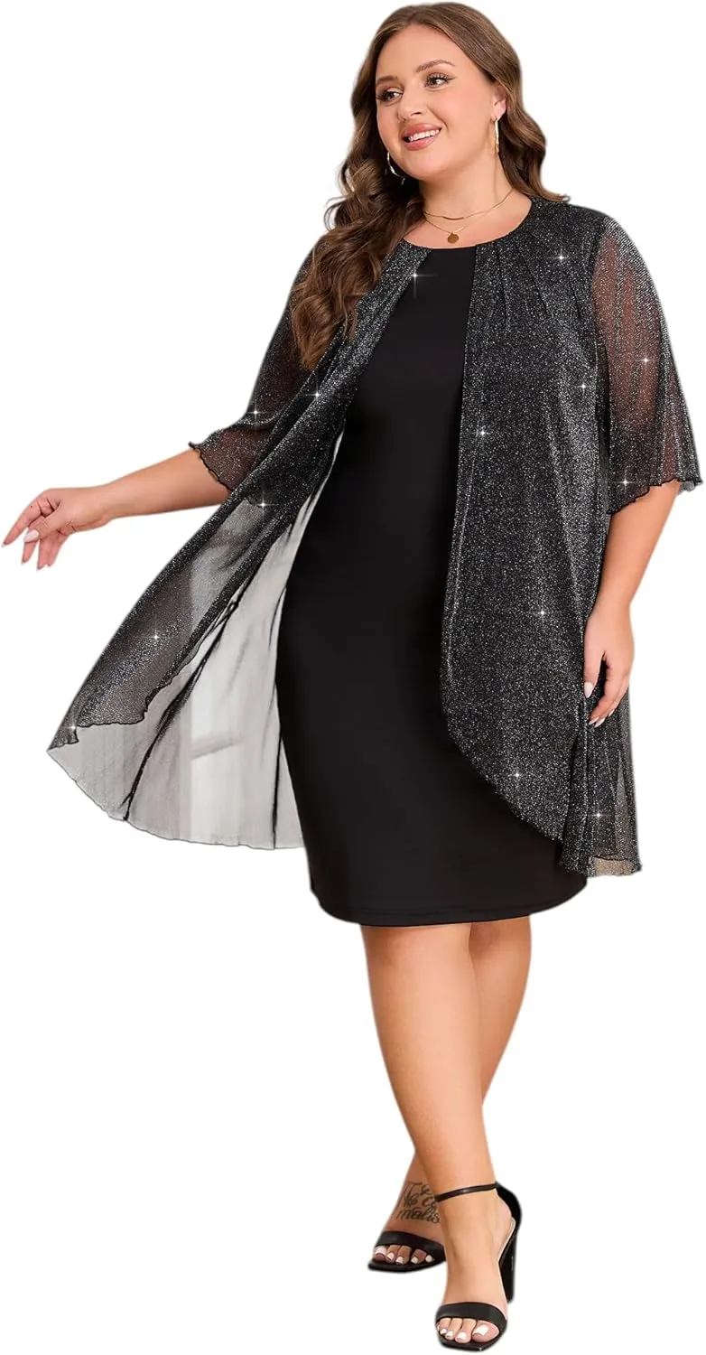 ZNU Plus Size Women Elegant Wedding Guest Mesh Dress Formal Gowns - 2025 Cocktail Party Midi Dress Half Sleeve