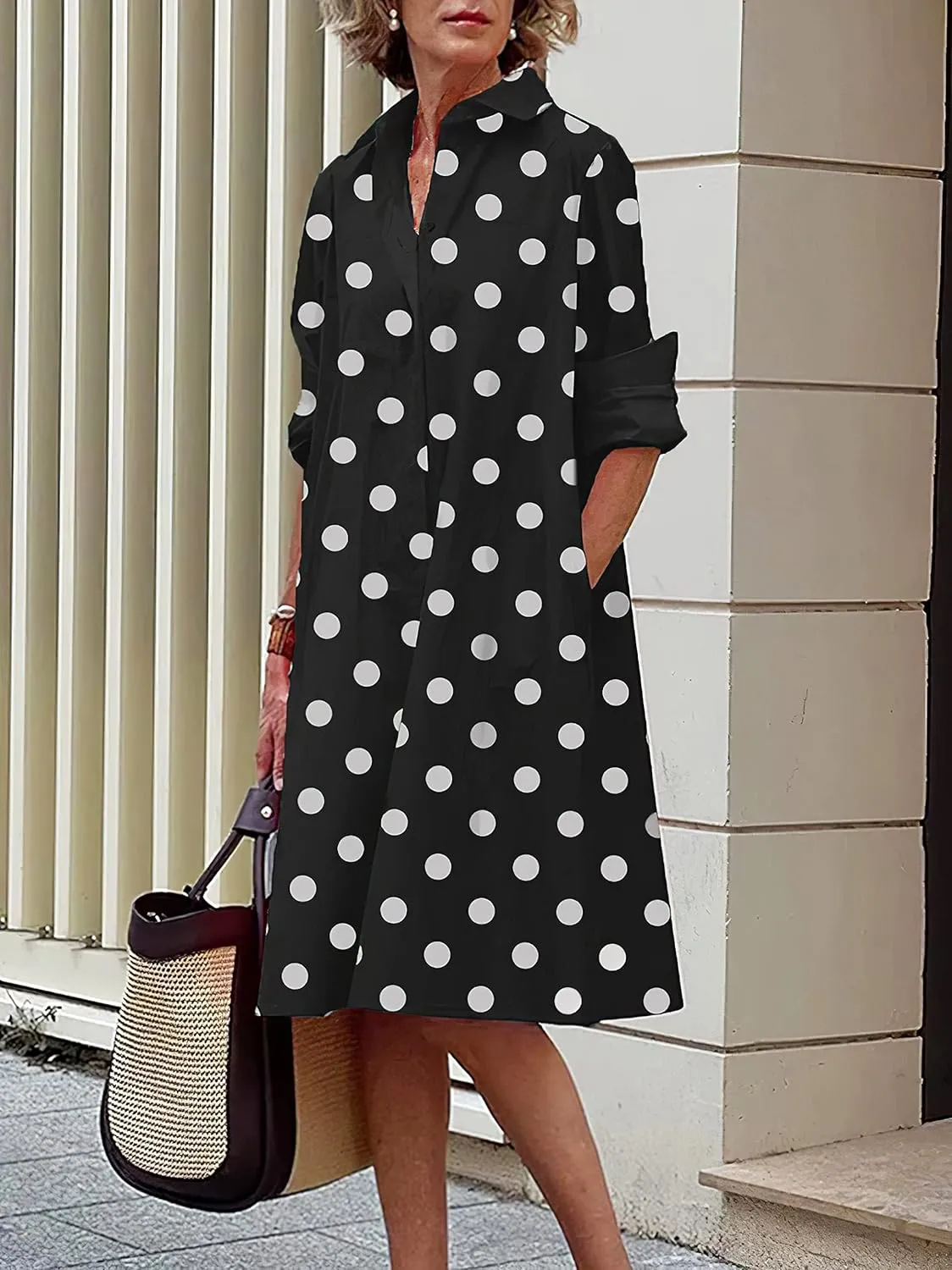 ZOCANIA Womens Button Down Linen Shirt Midi Dresses Long Sleeve Elegant Dress with Pockets